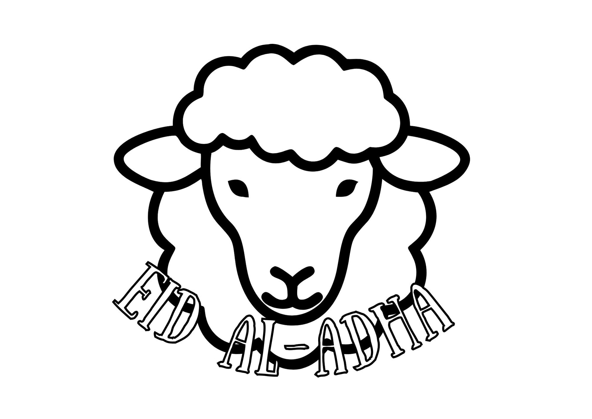 Black and white illustration of a sheep with 'Eid al-Adha' text on a white background