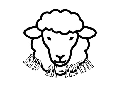 Black and white illustration of a sheep with 'Eid al-Adha' text on a white background
