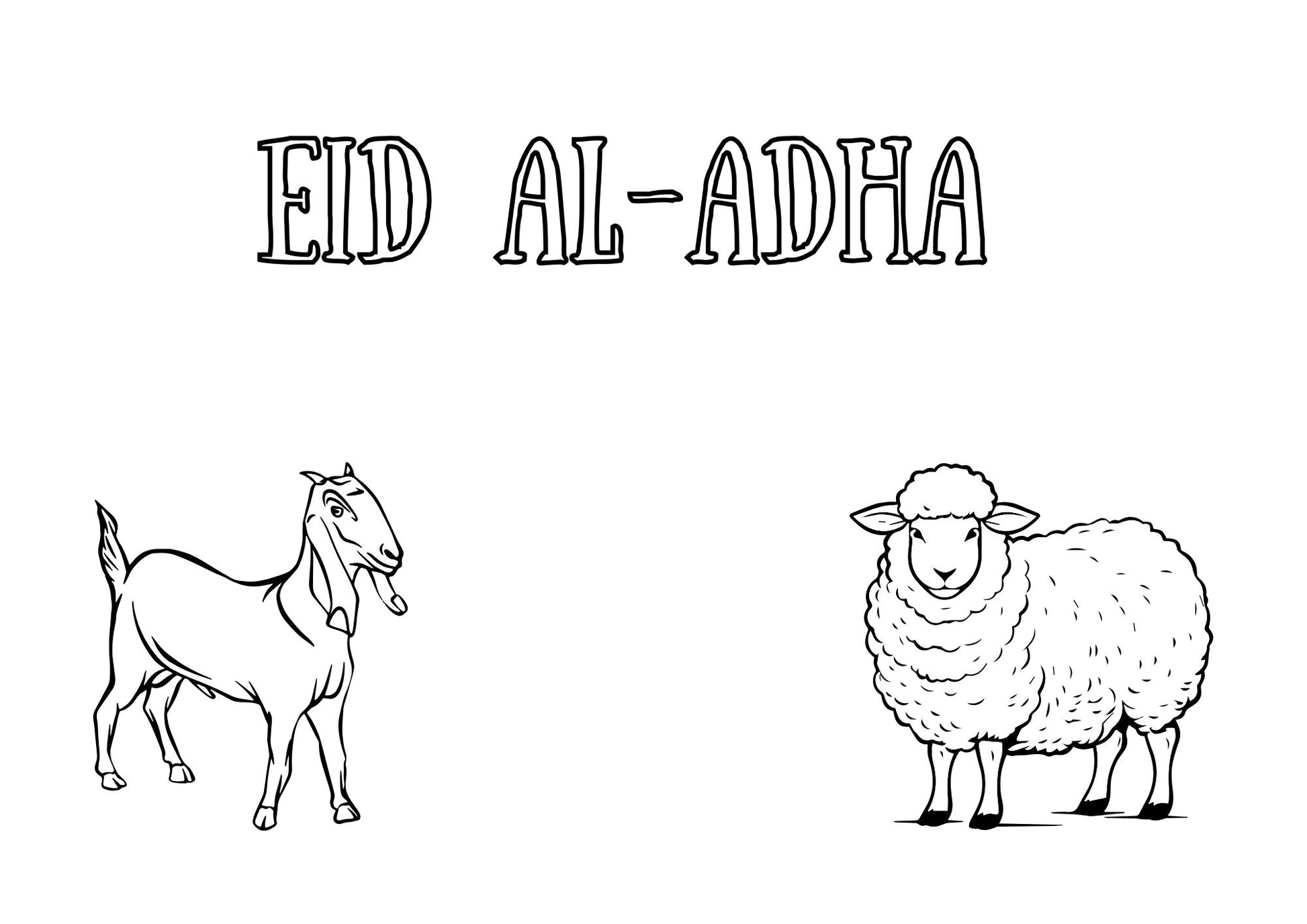 Black and white illustration of a goat and sheep with 'Eid al-Adha' text on a white background