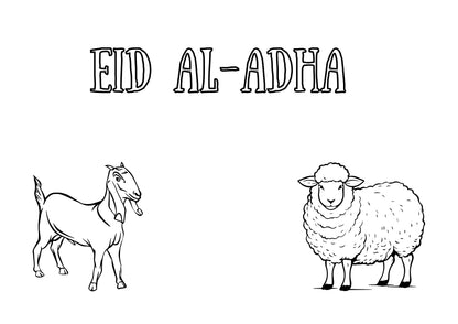 Black and white illustration of a goat and sheep with 'Eid al-Adha' text on a white background