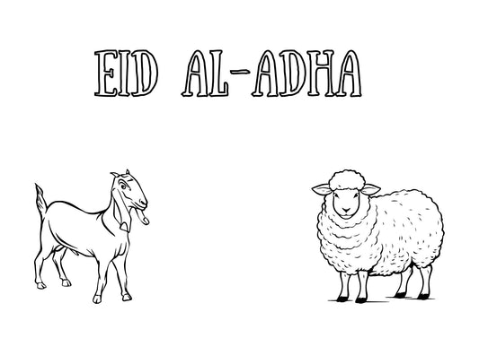 Black and white illustration of a goat and sheep with 'Eid al-Adha' text on a white background