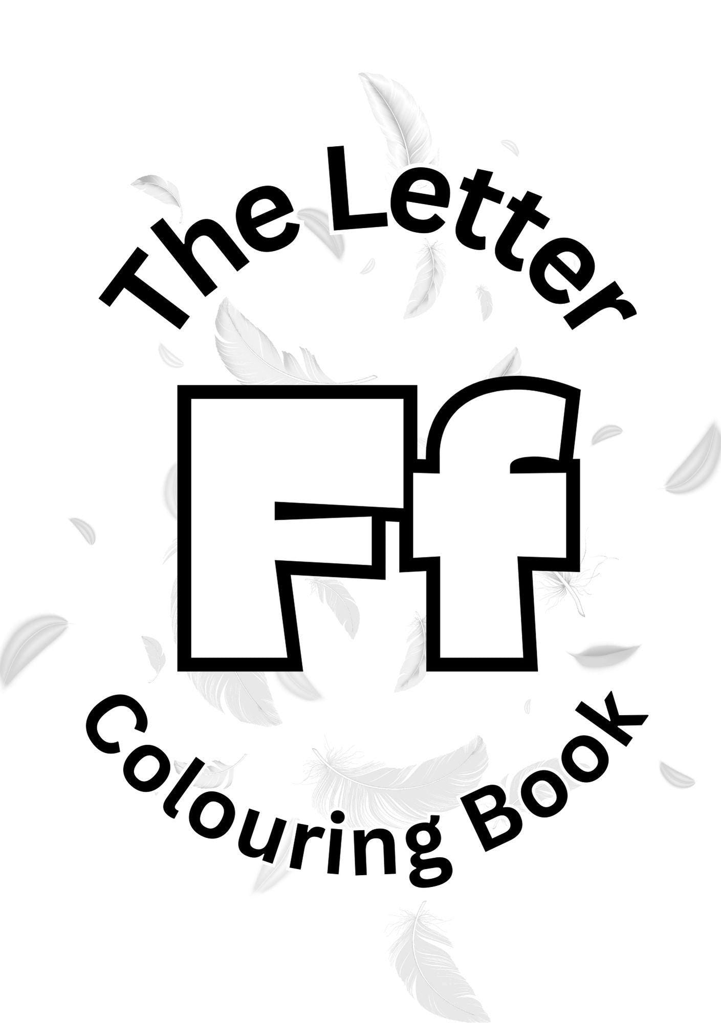 Cover of 'The Letter F Colouring Book' featuring stylized text and the letter 'F' with decorative elements.