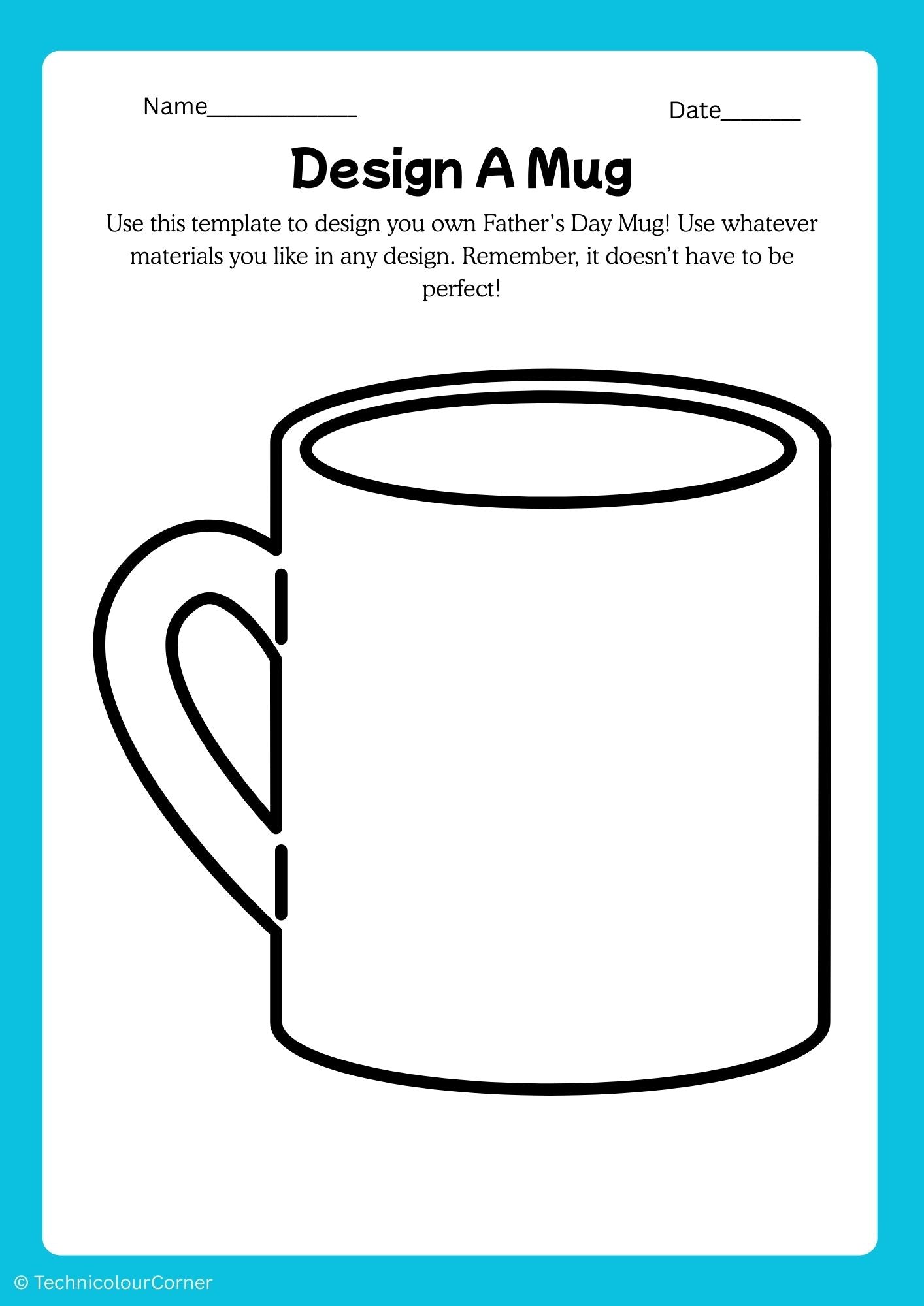 Design a mug template with a blue border and text instructions.