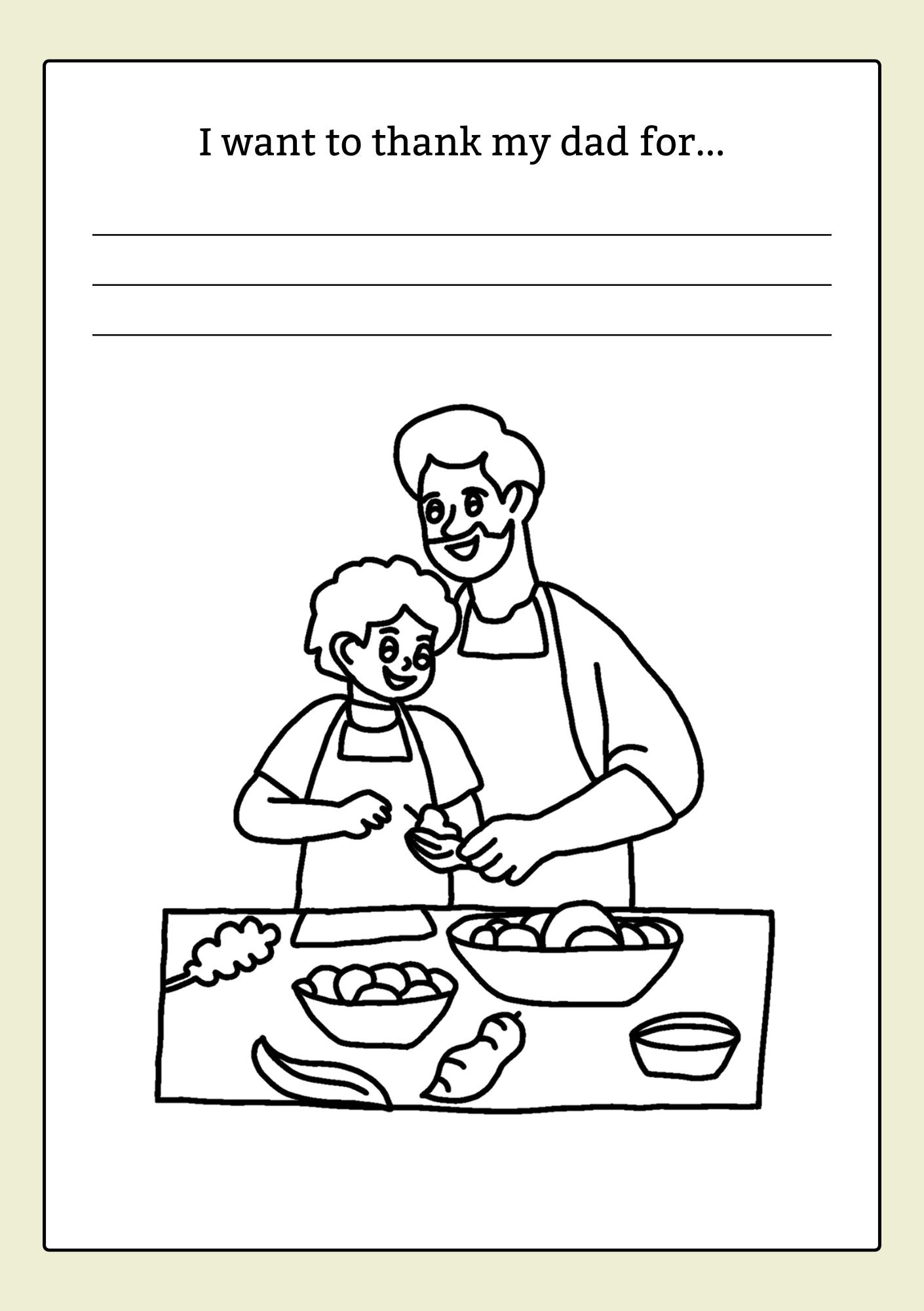 Black and white illustration of a father and son cooking together with text box for writing.