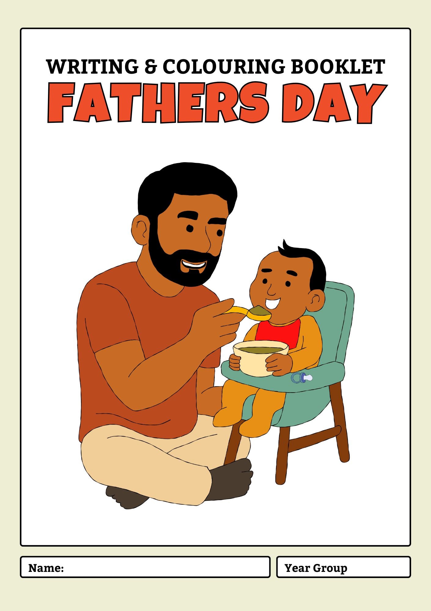 Cover of a 'Fathers Day' writing and colouring booklet with a cartoon illustration of a father and child.