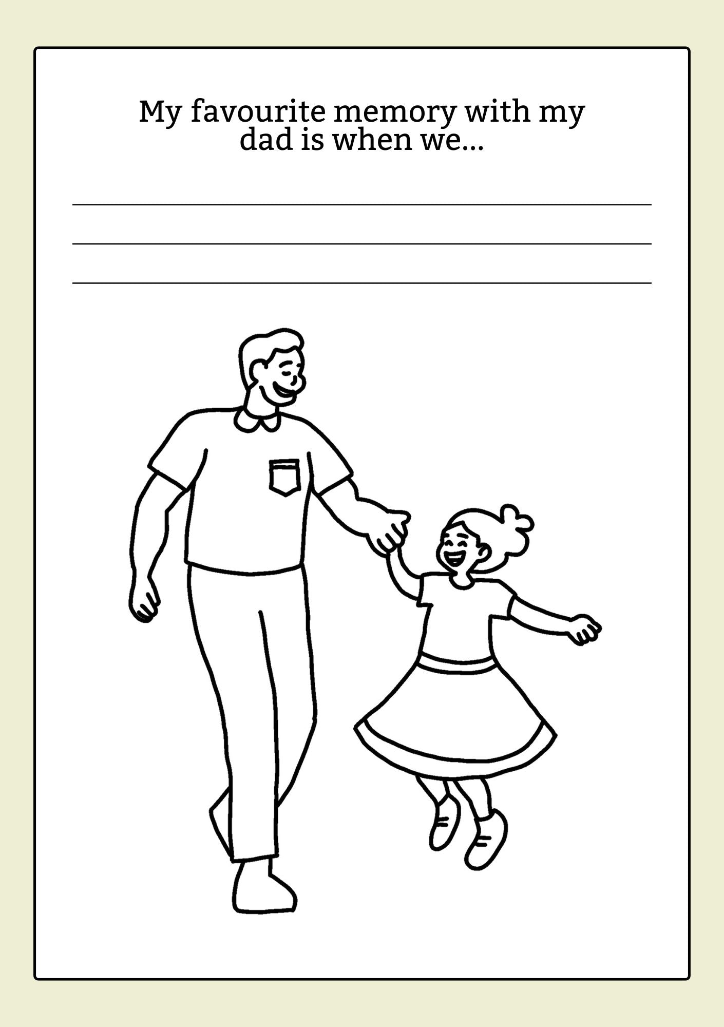 Black and white illustration of a father and daughter holding hands with text prompt on a beige background