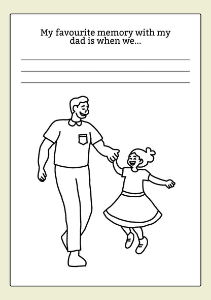 Black and white illustration of a father and daughter holding hands with text prompt on a beige background