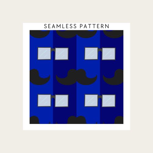 Pattern design with blue background, black mustaches, and white squares.