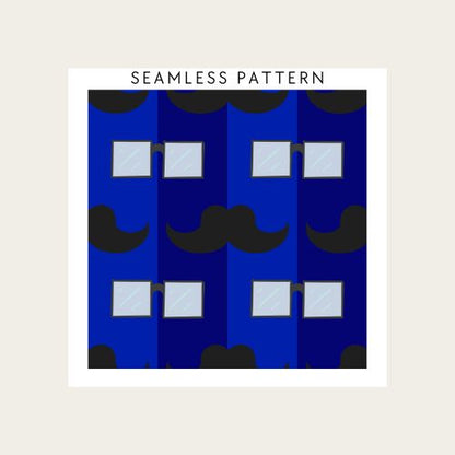 Pattern design with blue background, black mustaches, and white squares.