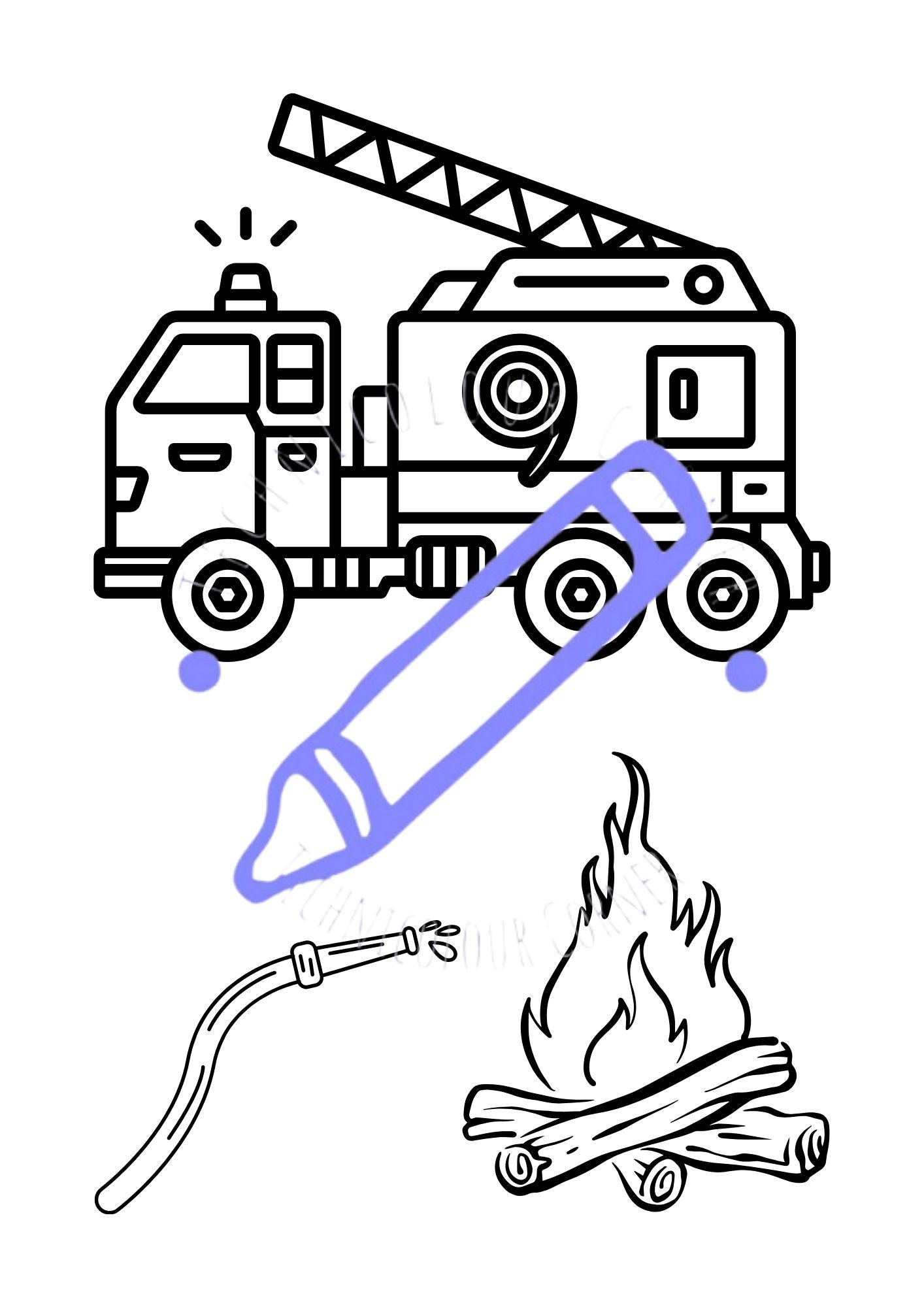 a colouring page of a fire engine a fire and a hose