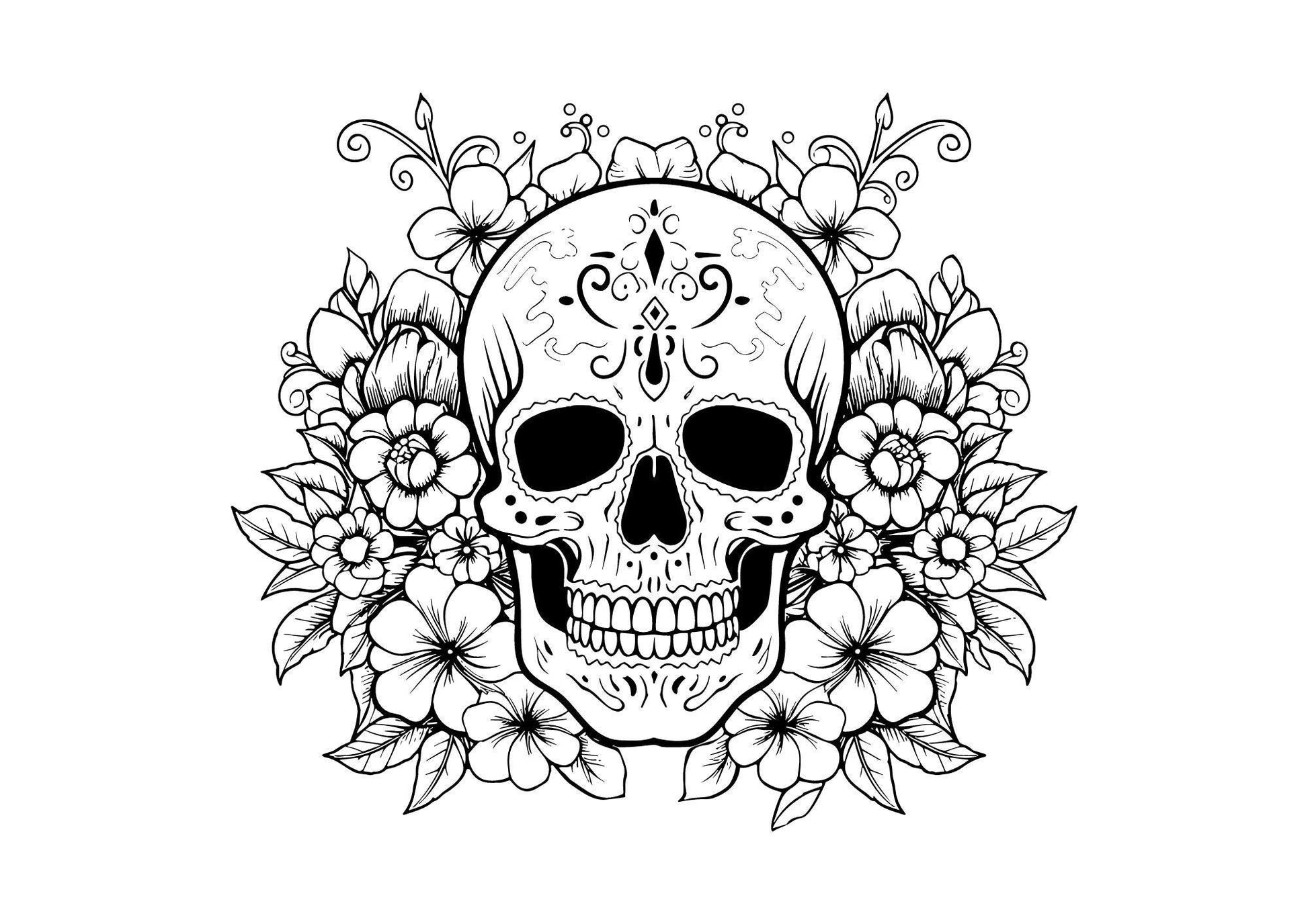 a skull surrounded by flowers colouring page for halloween