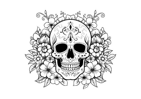 a skull surrounded by flowers colouring page for halloween