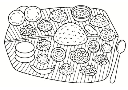 Illustration of a tray with various food items on a white background