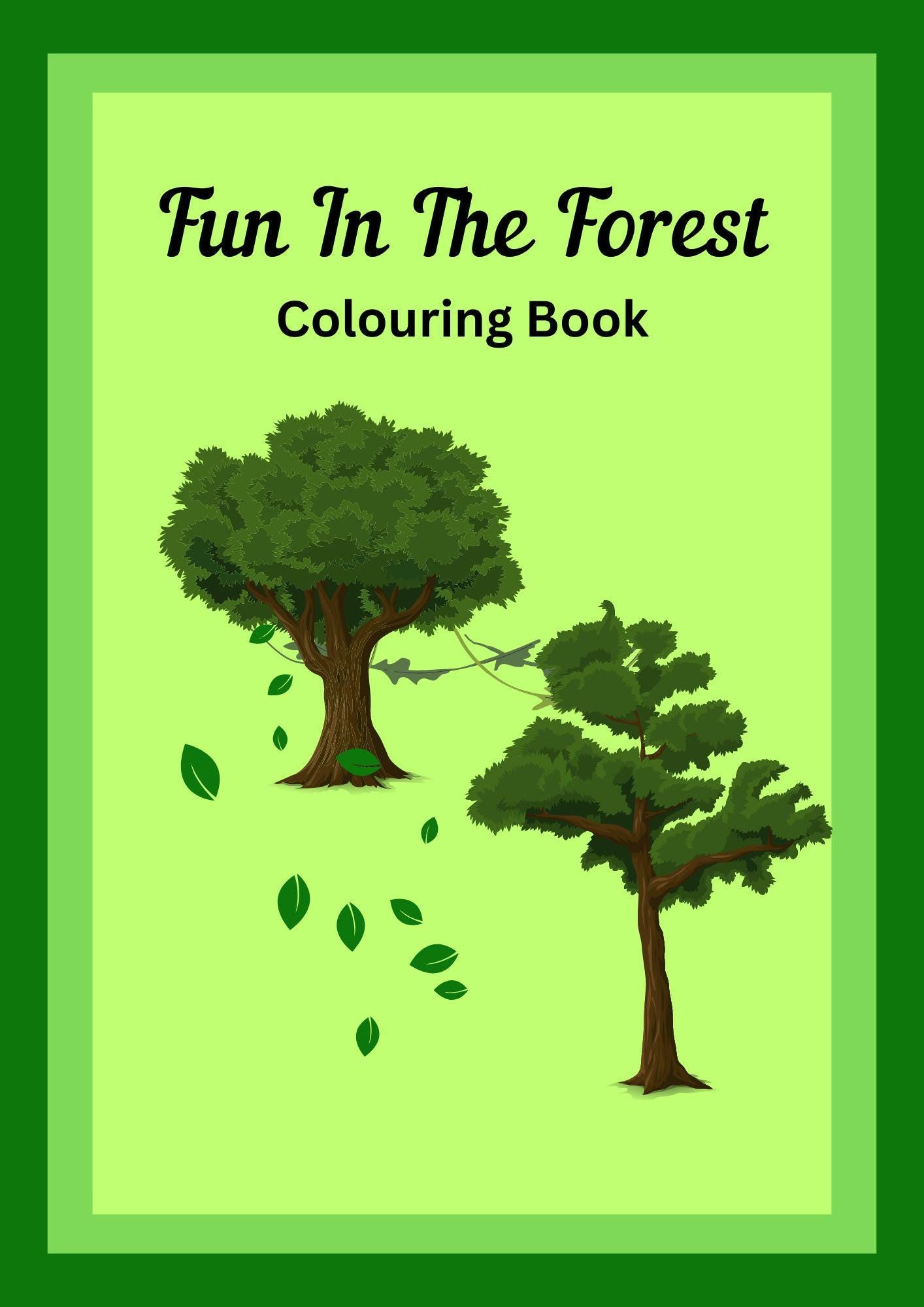 Cover of 'Fun In The Forest' digital colouring book showing two trees and leaves on a green background.