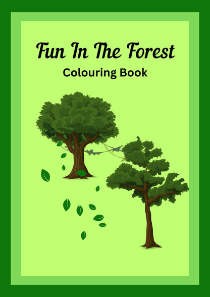 Cover of 'Fun In The Forest' digital colouring book showing two trees and leaves on a green background.