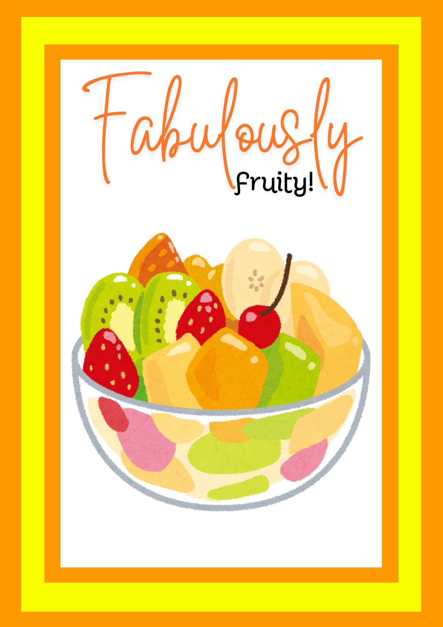 This image features a vibrant and colorful digital coloring book cover, titled "Fabulously Fruity." The cover illustration is bright, with a bowl of assorted fruits including bananas, strawberries, blueberries, and more, garnished with a playful cherry on top.