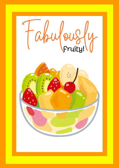 This image features a vibrant and colorful digital coloring book cover, titled "Fabulously Fruity." The cover illustration is bright, with a bowl of assorted fruits including bananas, strawberries, blueberries, and more, garnished with a playful cherry on top.
