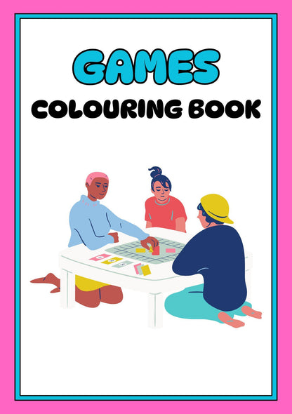 Cover of a digital colouring book titled 'GAMES COLOURING BOOK' featuring an illustration of three children sitting around a table colouring in a game-themed coloring book.