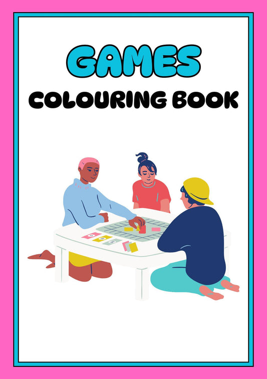 Cover of a digital colouring book titled 'GAMES COLOURING BOOK' featuring an illustration of three children sitting around a table colouring in a game-themed coloring book.