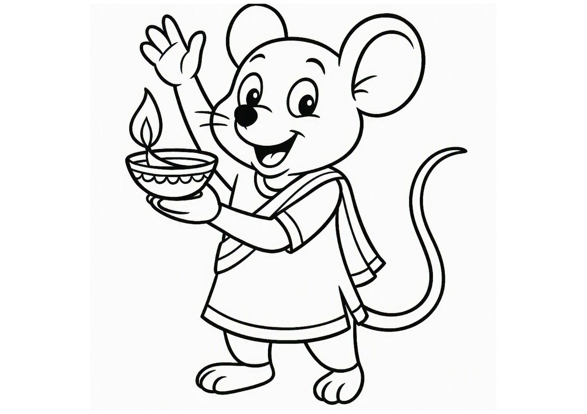 Cartoon mouse holding a Diwali lamp with a white background