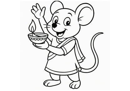 Cartoon mouse holding a Diwali lamp with a white background