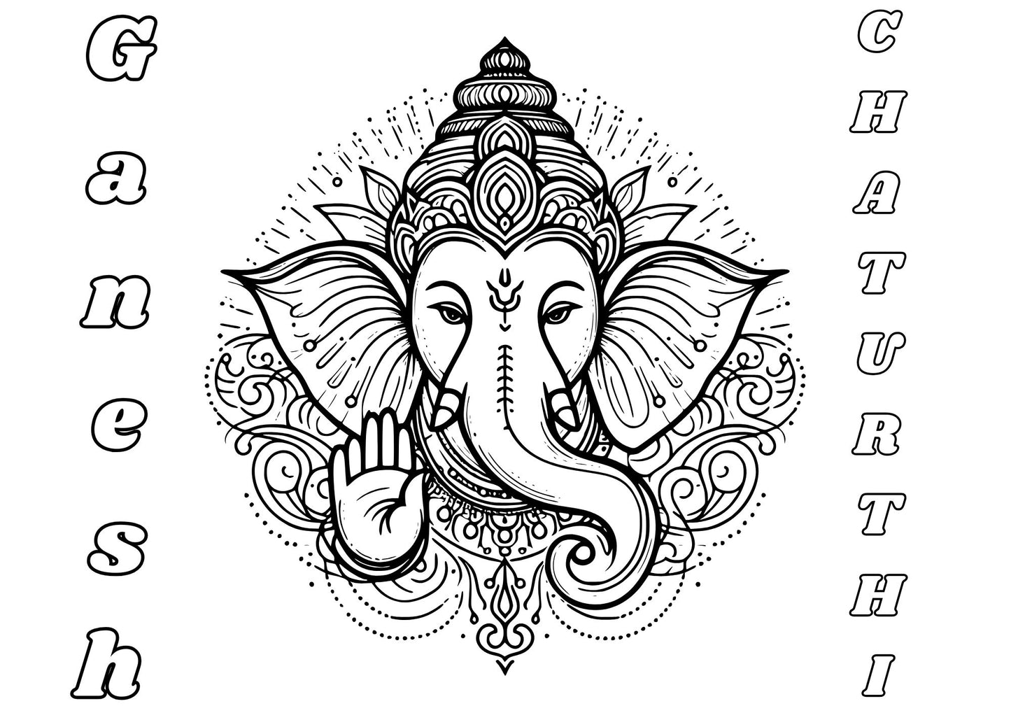 Black and white illustration of Ganesha with intricate details on a white background.
