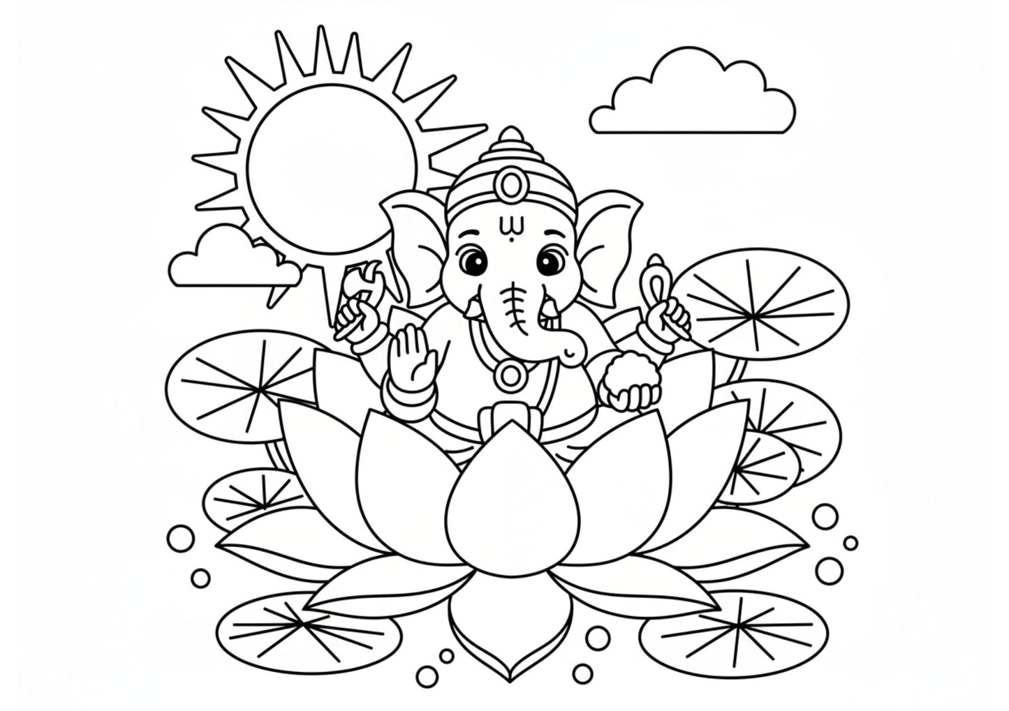 Colouring page of a deity figure on a lotus with sun and clouds in the background