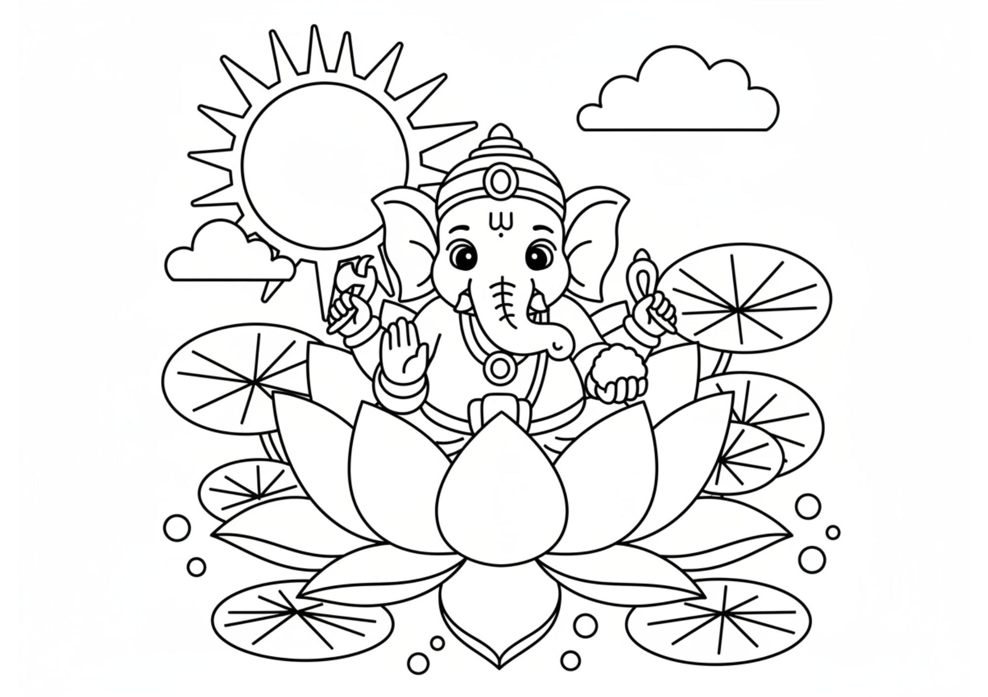 Colouring page of a deity figure on a lotus with sun and clouds in the background