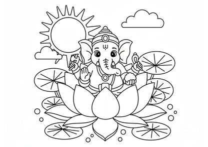 Colouring page of a deity figure on a lotus with sun and clouds in the background