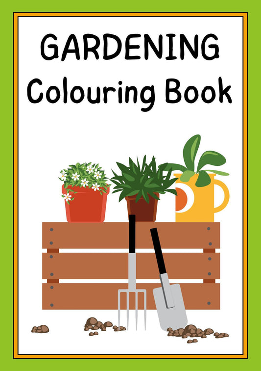Cover of a gardening coloring book featuring illustrations of potted plants, a rake, and a wheelbarrow on a wooden background.