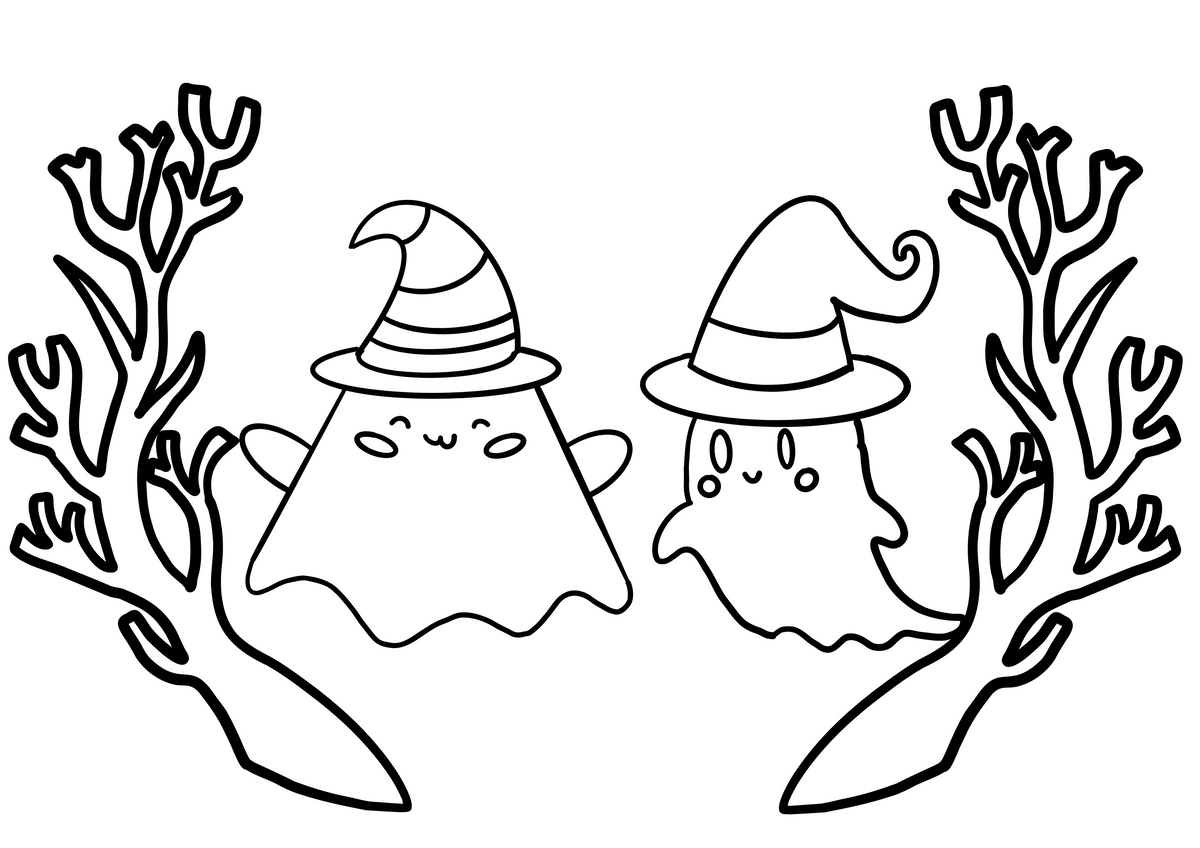 Black and white cartoon line art of two cute ghosts wearing pointed hats, framed by decorative branches on a white background.