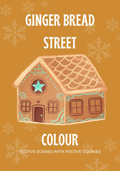 Cover of 'Ginger Bread Street - Festive Digital Colouring' featuring an illustrated gingerbread house with decorative elements such as snowflakes and Christmas lights, on a warm brown background.