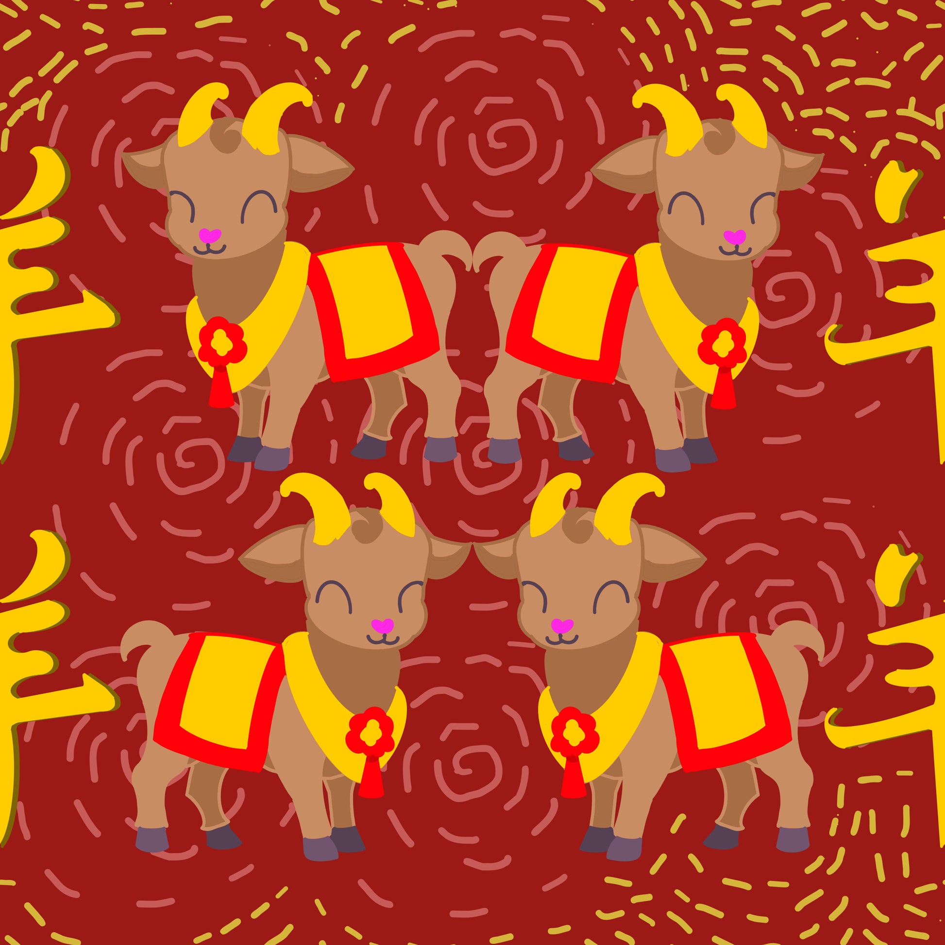 A hand drawn seamless file from technicolour corner showing goats wearing red and gold outfits on a red background celebrating the lunar new year of goat