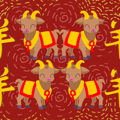 A hand drawn seamless file from technicolour corner showing goats wearing red and gold outfits on a red background celebrating the lunar new year of goat