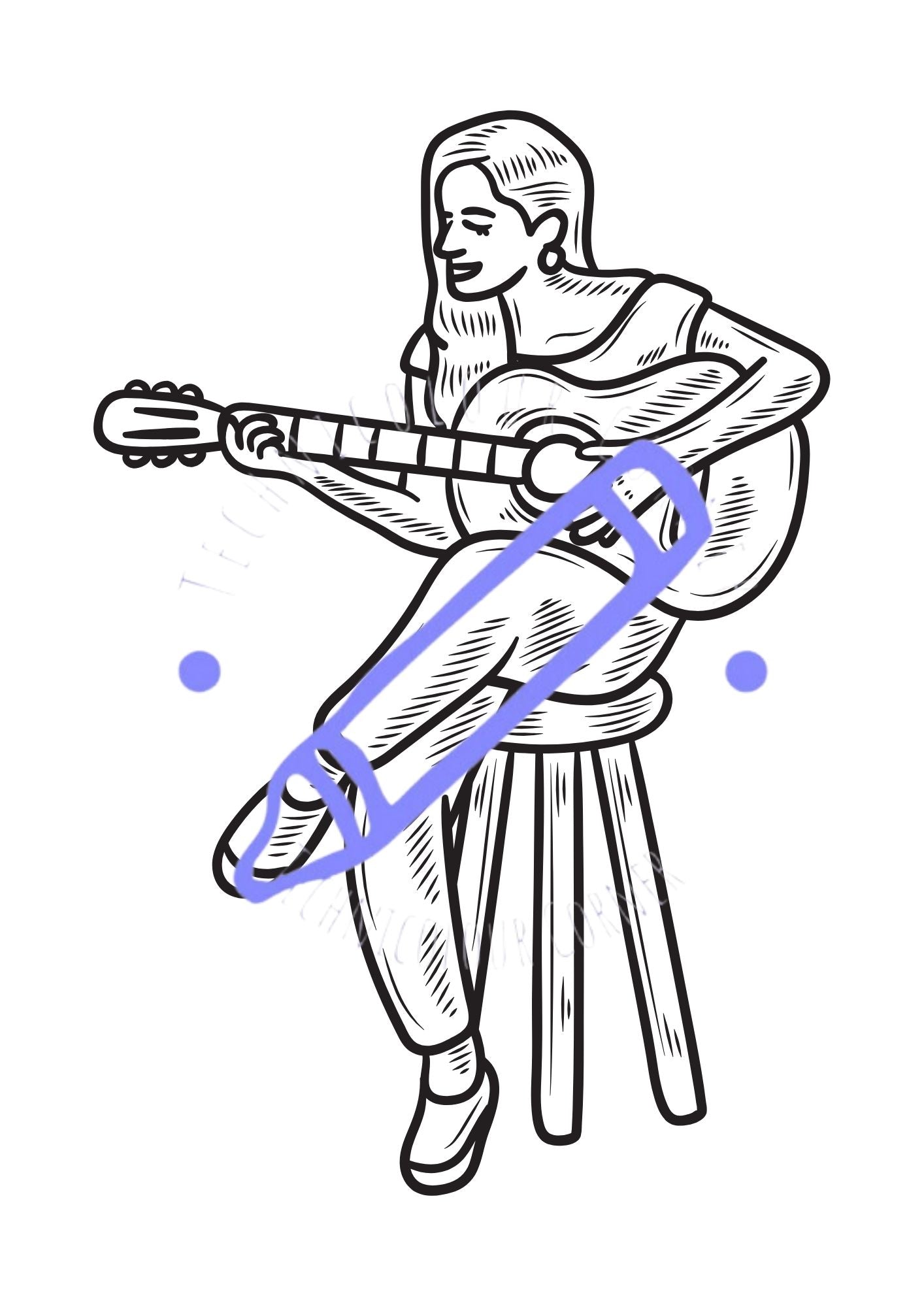 a colouring page of a woman with a guitar 