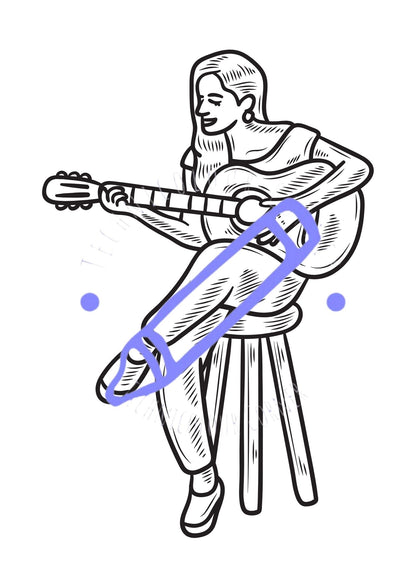 a colouring page of a woman with a guitar 