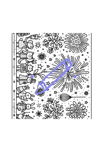 A digital coloring page with black outlines of guy fawkes, fireworks, and bonfire night illustrations, ready for coloring.