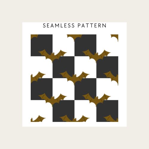 Seamless pattern with black squares and gold bats on a beige background