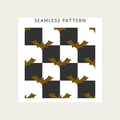 Seamless pattern with black squares and gold bats on a beige background