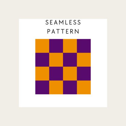 Checkered pattern with alternating purple and orange squares on a beige background.
