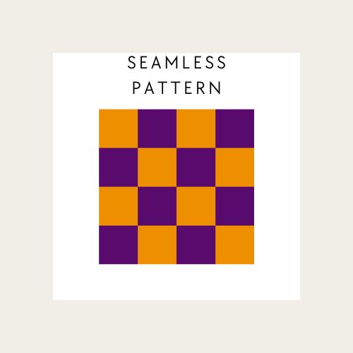 Checkered pattern with alternating purple and orange squares on a beige background.