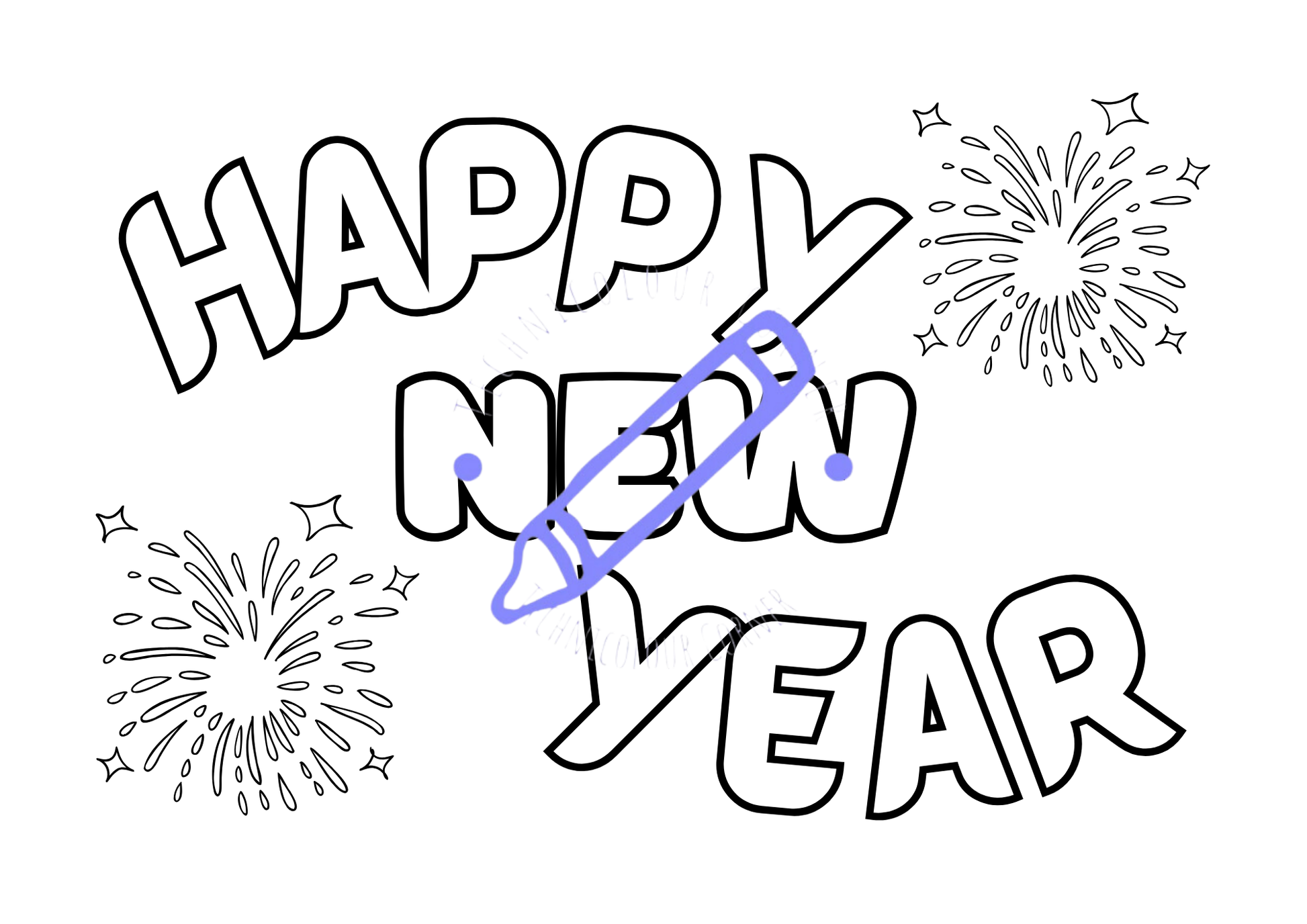 A coloring page with 'HAPPY NEW YEAR' text and firework illustrations, meant to be colored in by the user.