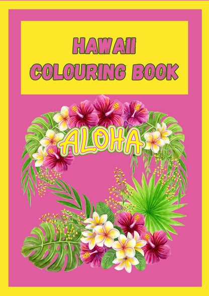 Cover of the 'Hawaii - Digital Colouring Book' featuring a vibrant design with tropical flowers and the word 'ALOHA' prominently displayed.