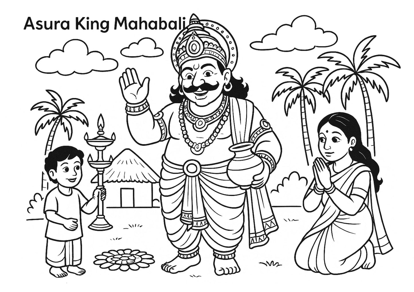 Black and white illustration of Asura King Mahabali with two people and palm trees in the background.