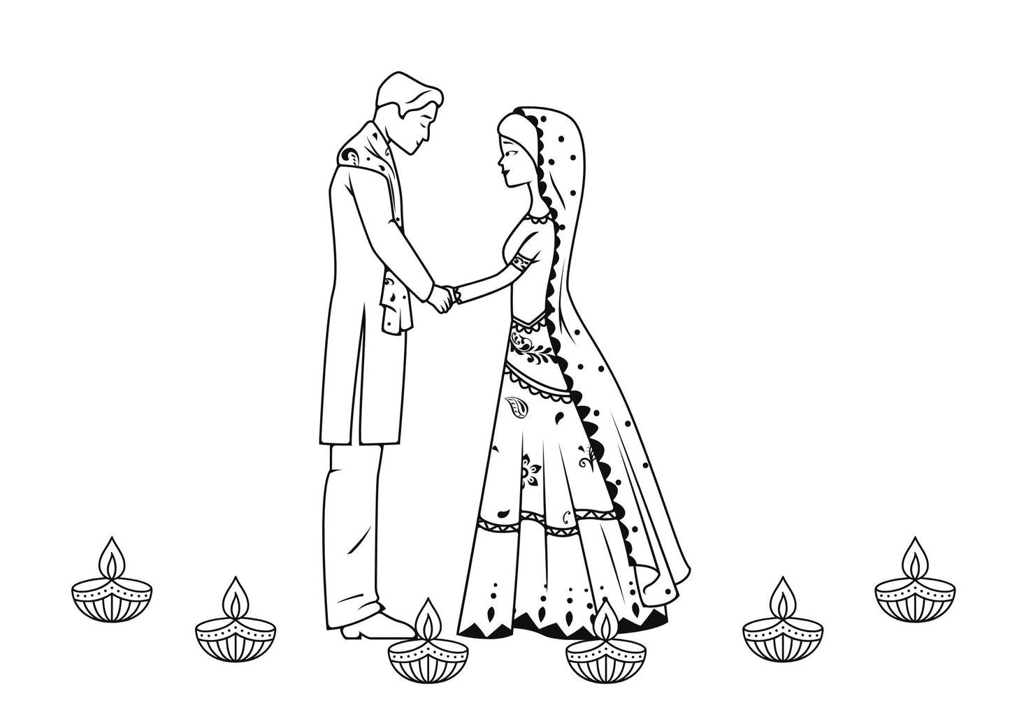 Line drawing of a couple in traditional attire with lit candles around them on a white background