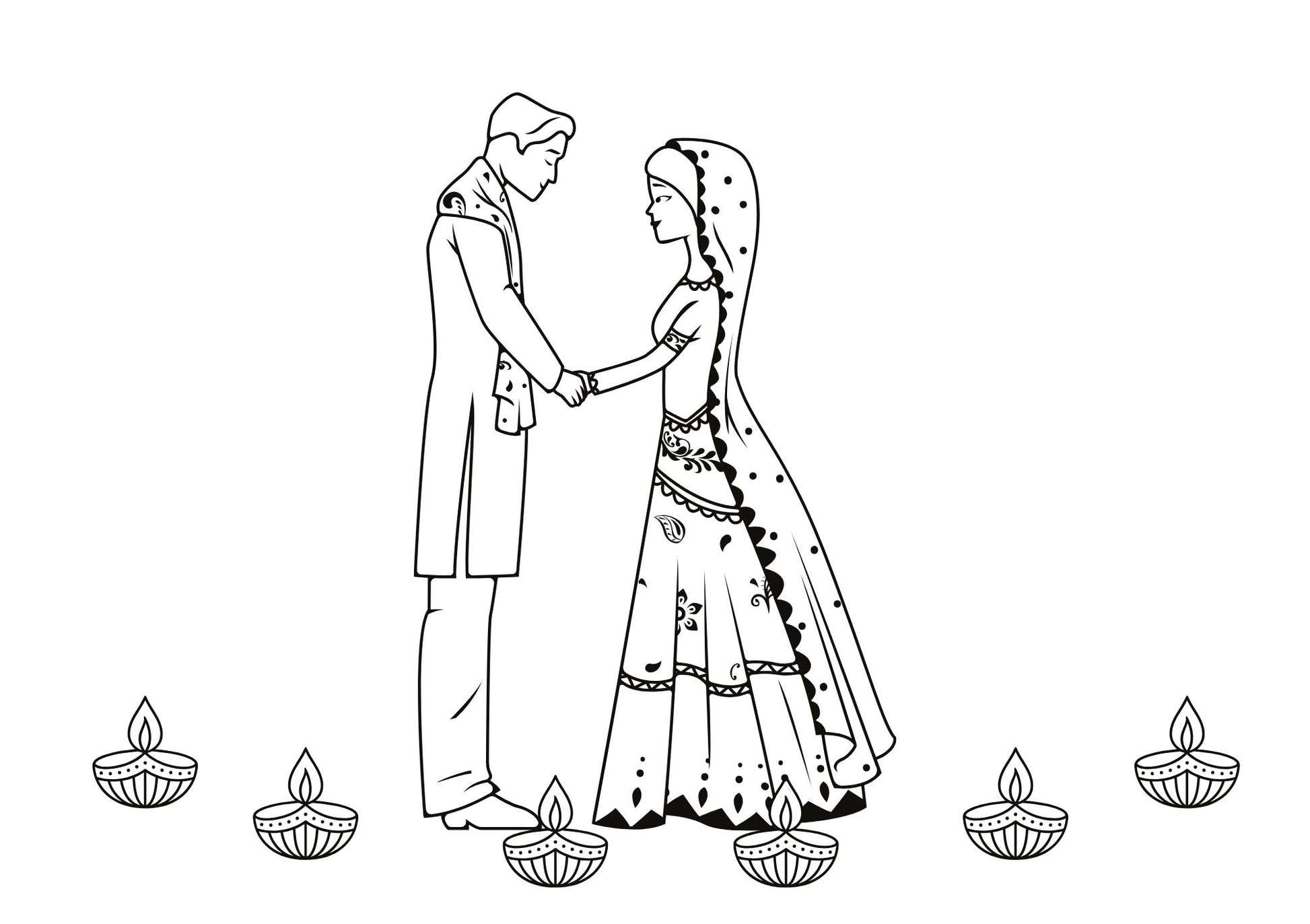 Line drawing of a couple in traditional attire with lit candles around them on a white background