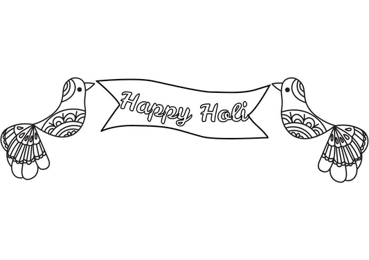 Two stylized birds holding a banner with 'Happy Holi' text on a white background