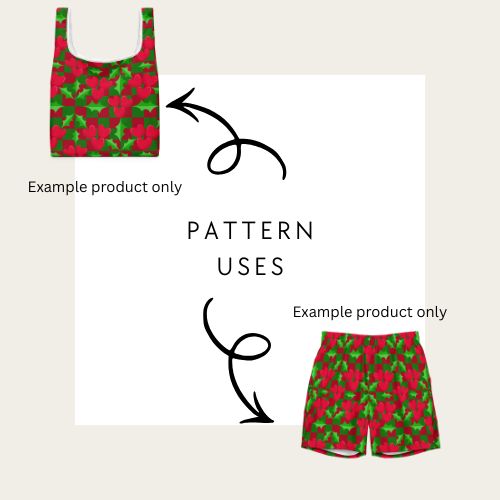 Red and green patterned product with text indicating 'Example product only' and 'Pattern uses'.