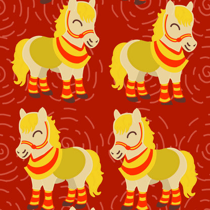 Hand drawn seamless file from technicolour corner showing horses in red and gold on a red background celebrating lunar new year
