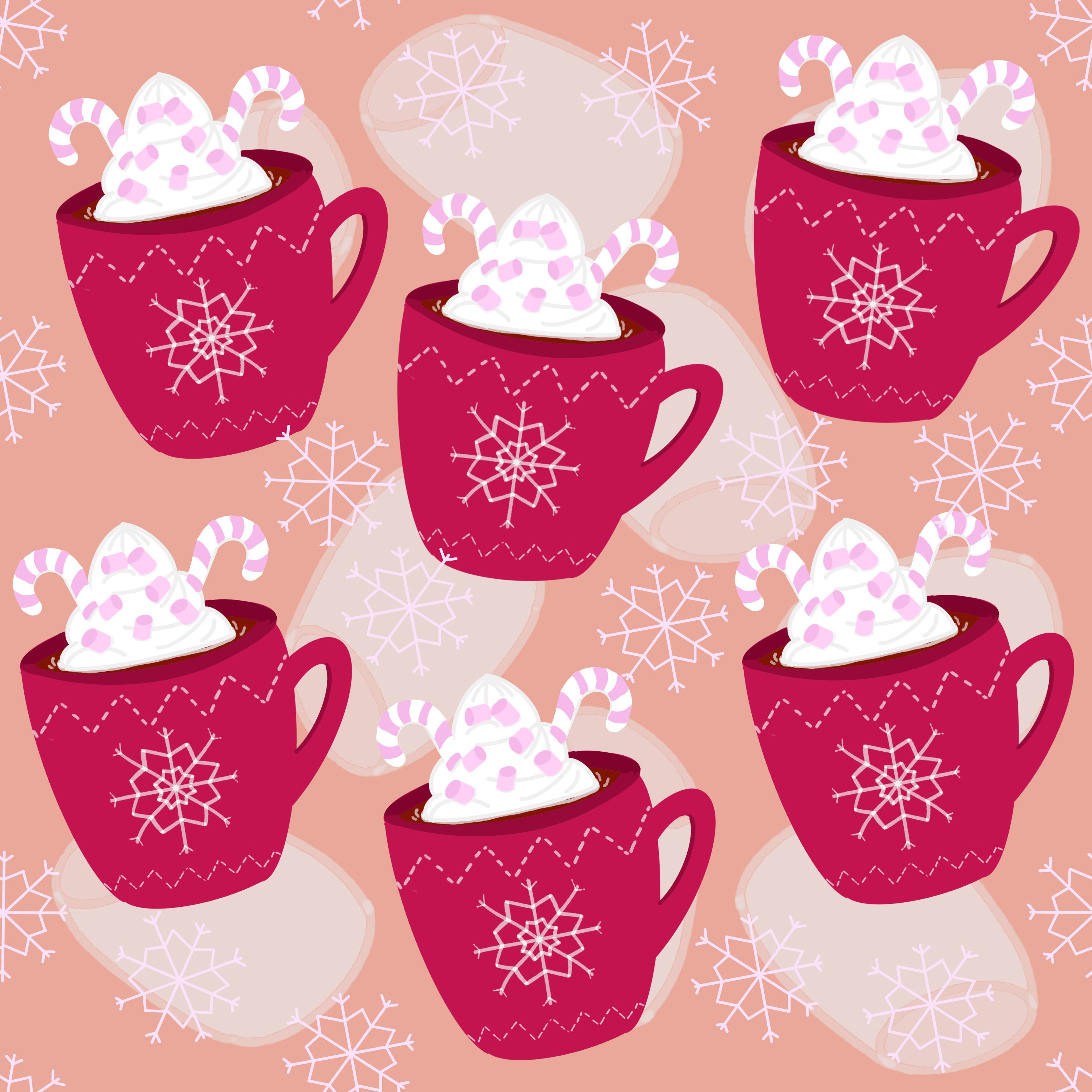 Pattern of red mugs with hot chocolate and candy canes on a pink background with snowflakes.